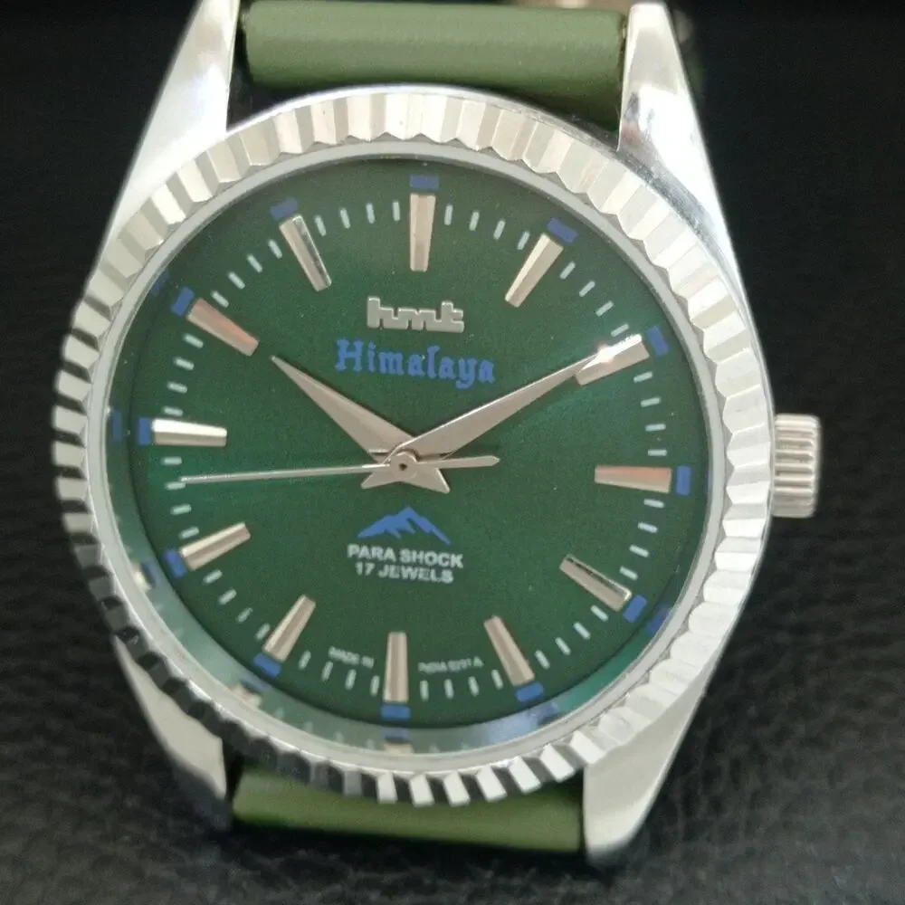 Vintage 1977 HMT Manual Wound Mens Silver Watch & Green accents